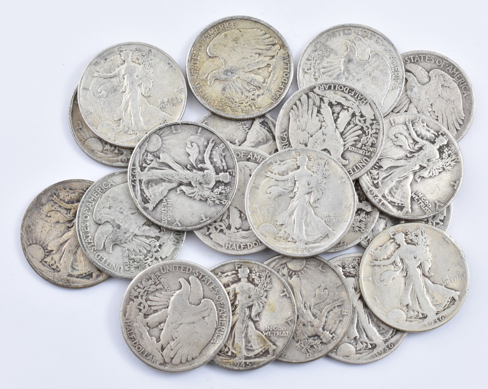 (20) 1934-1947 Walking Liberty Half Dollar 90% Silver Roll $10 Face Lot (20) 1934-1947 Walking Liberty Half Dollar 90% Silver Roll $10 Face Lot