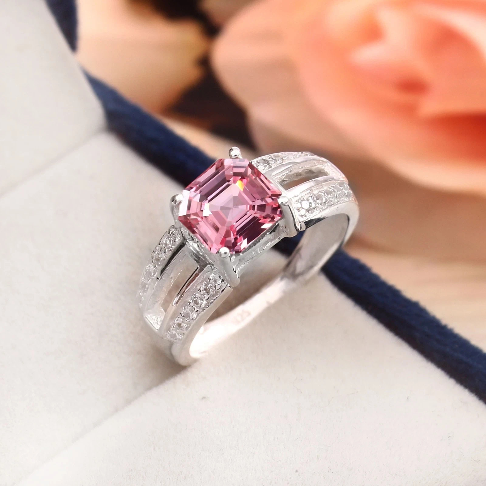 4Ct Asscher Cut Real Padparadscha Sapphire & Diamond Wedding Ring 14K White Gold