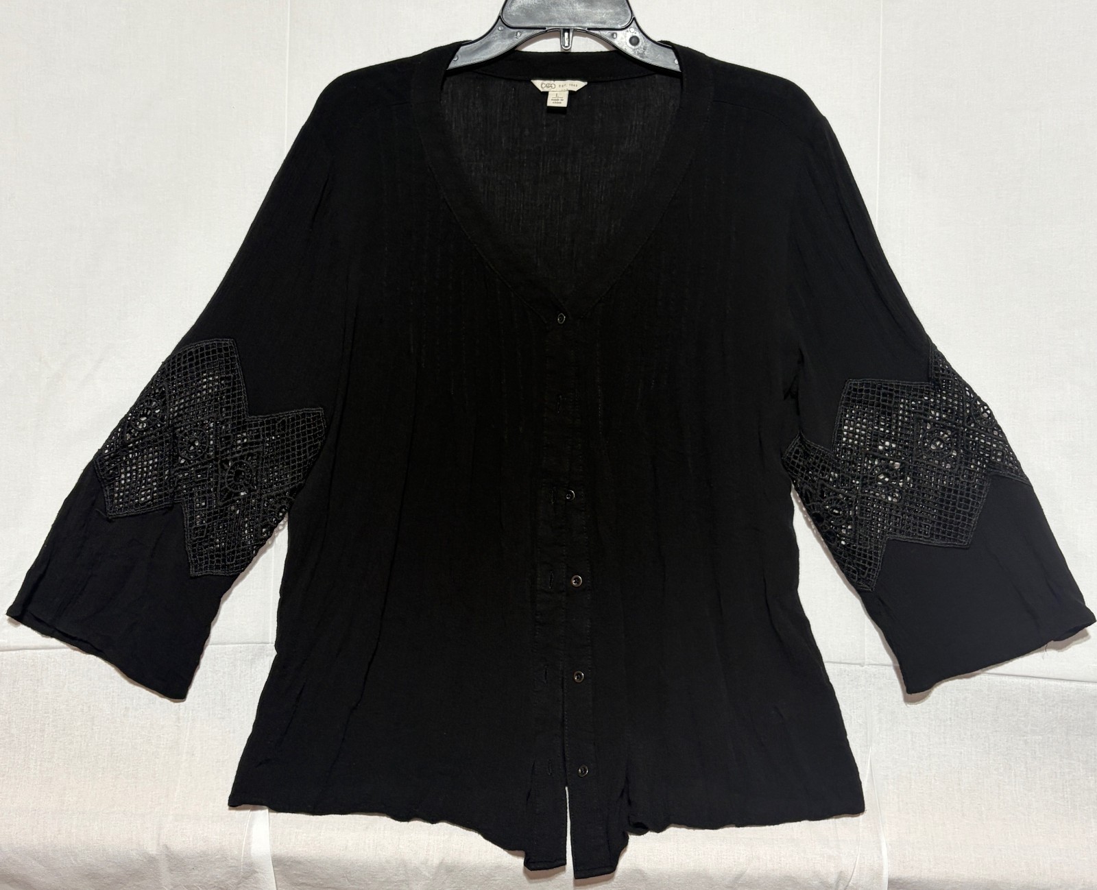 Cato Womens L Black Boho Button Front Blouse Crochet Inset Bell Sleeve Rayon