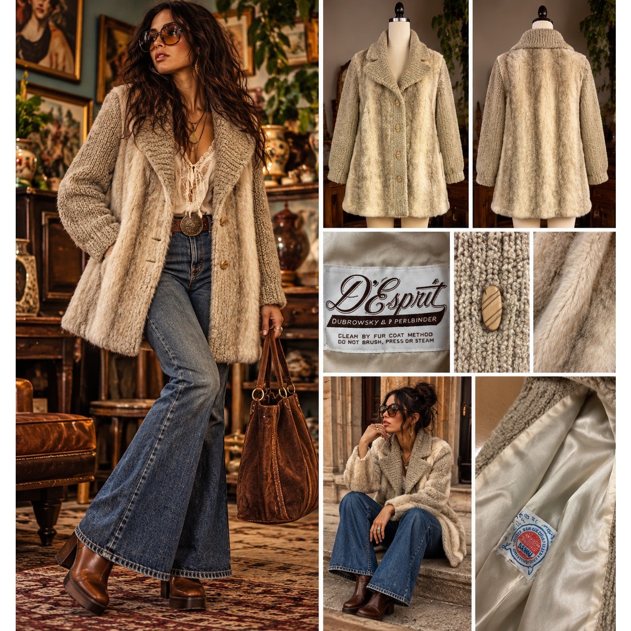 Vintage 70s D\'Esprit Dubrowsky Perlbinder Faux Fur Knit Sleeve Coat Union Made