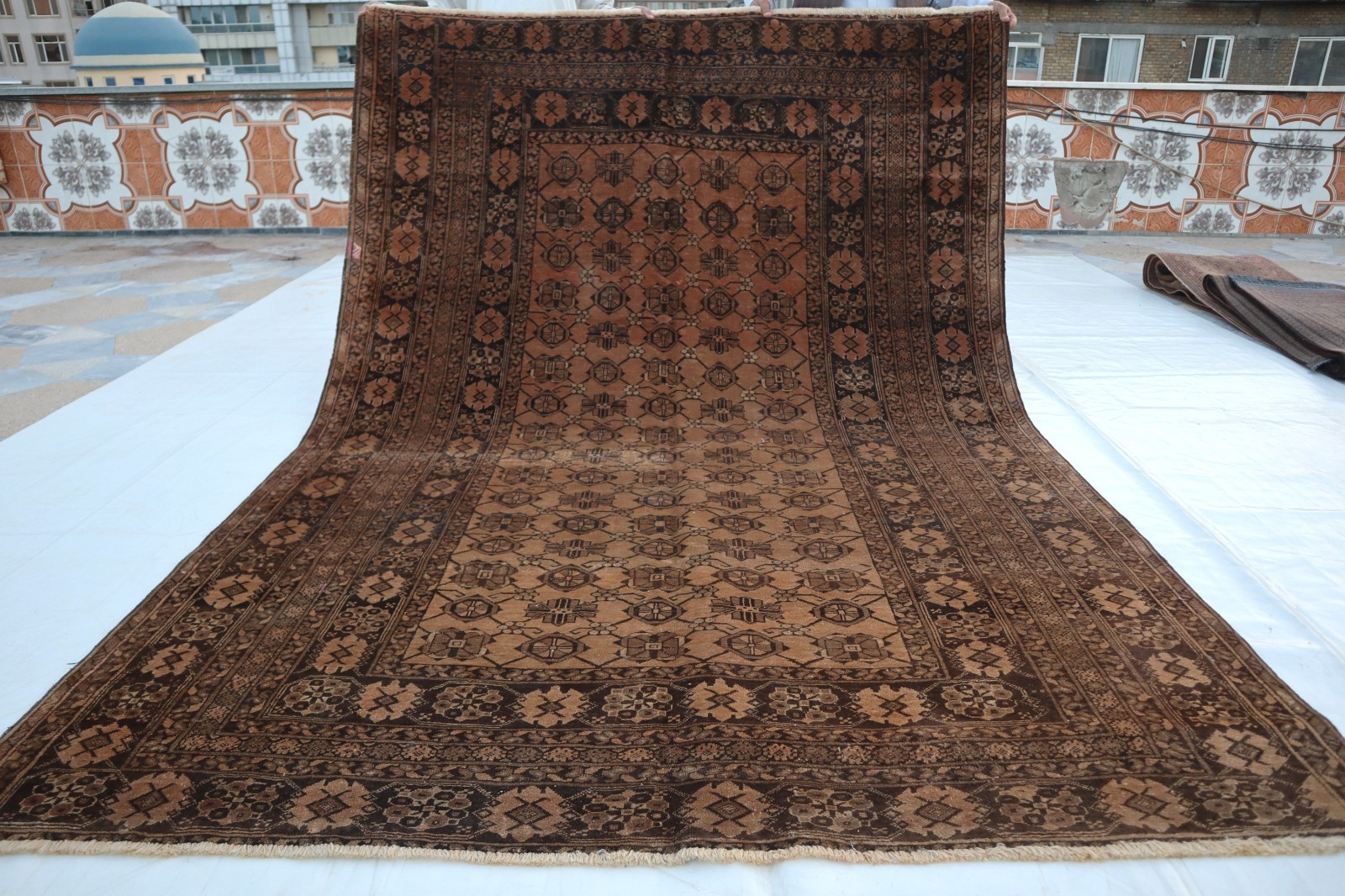 Hand-Knotted Afghan Wool Rug, Geometric Turkmen Tribal Pattern, Veg Dyes  Rug