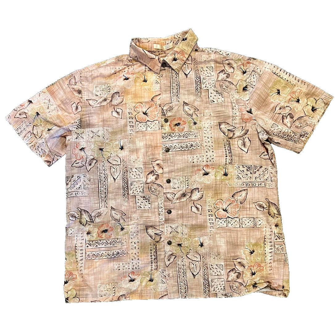 Campia Moda Men\'s Light Brown Floral Hawaiian Short Sleeves Button Up Shirt SZ L