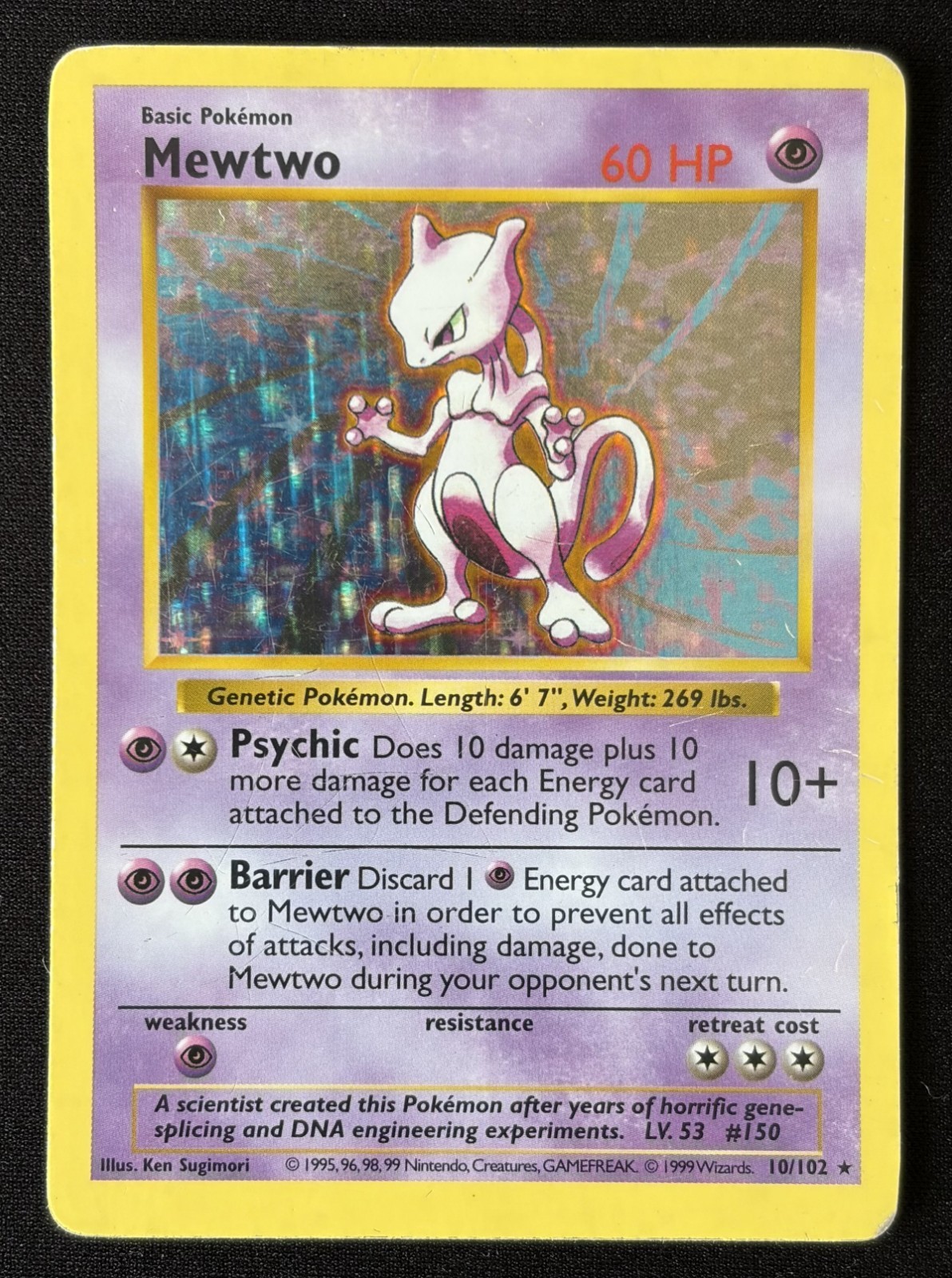 Mewtwo 10/102 Base Set Shadowless 1999 Pokemon Holo Rare Heavily Played
