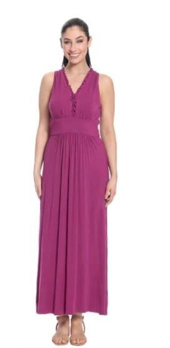 London Times Women\'s Sleeveless Ruffled V-Neck Pleated Maxi Dress Magenta Medium London Times Women\'s Sleeveless Ruffled V-Neck Pleated Maxi Dress Magenta Medium
