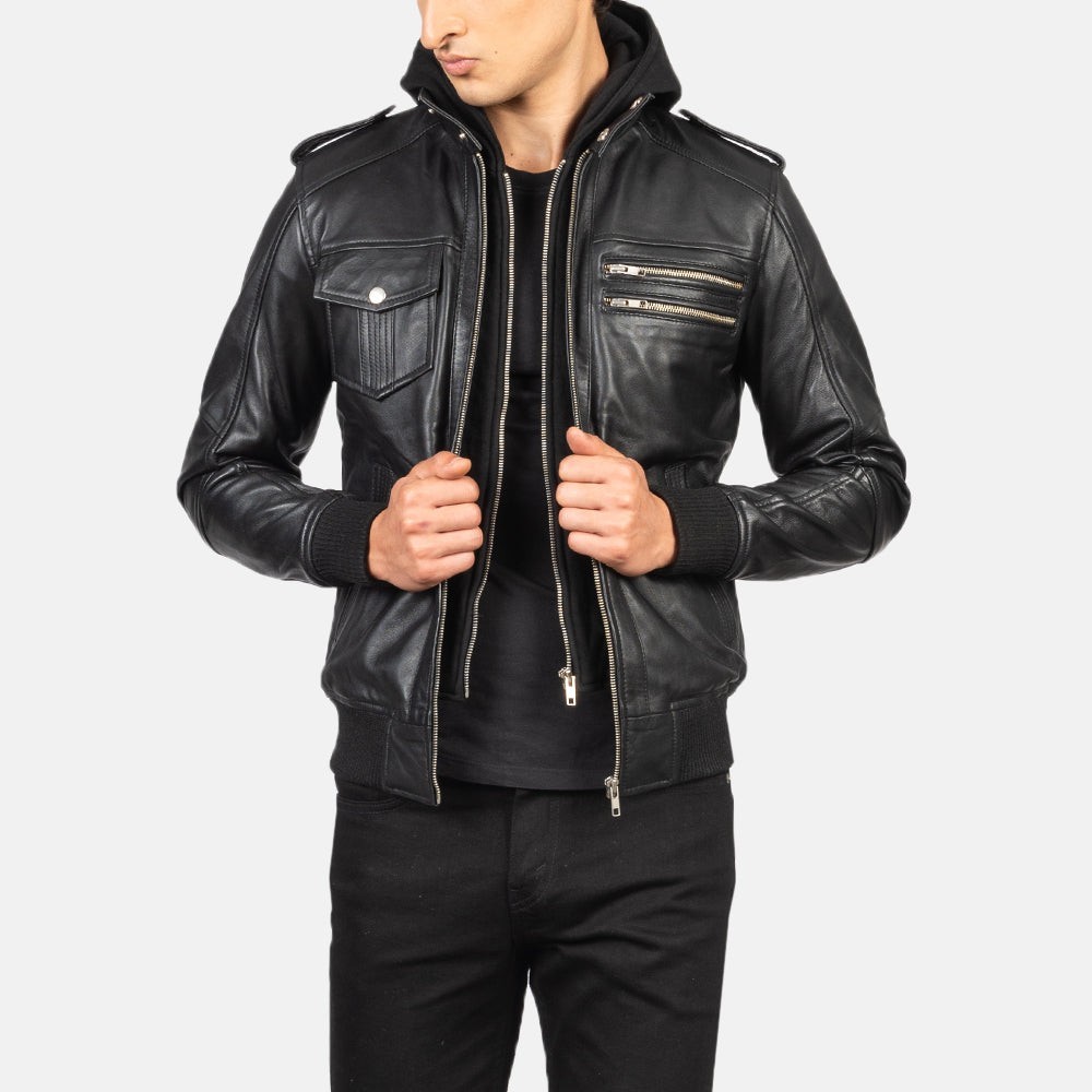 Bomber Leather Jakcet Mens's Black Genuine Cowhide Leather Jacket Classic Style