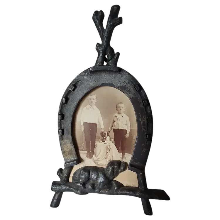 Antique 19th Horseshoe & Dog Primitive Cast Iron Picture Frame Boys & Pug Dog