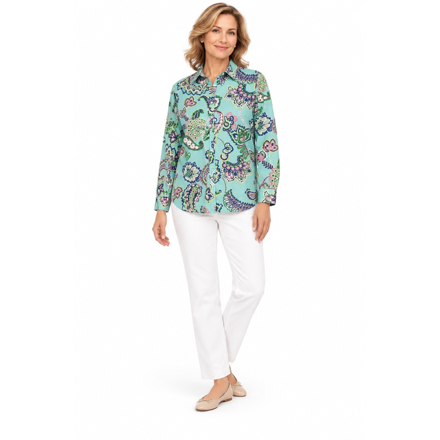 Talbots Button Up Shirt Size PXL Aqua Blue Paisley Floral Office Classic