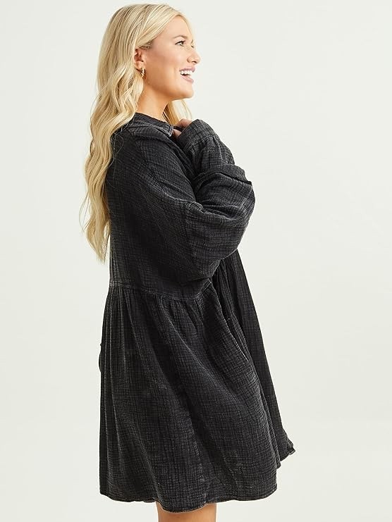 Altar\'d State Women\'s Oversized Black Shirt Dress Effortless Chic Versatile