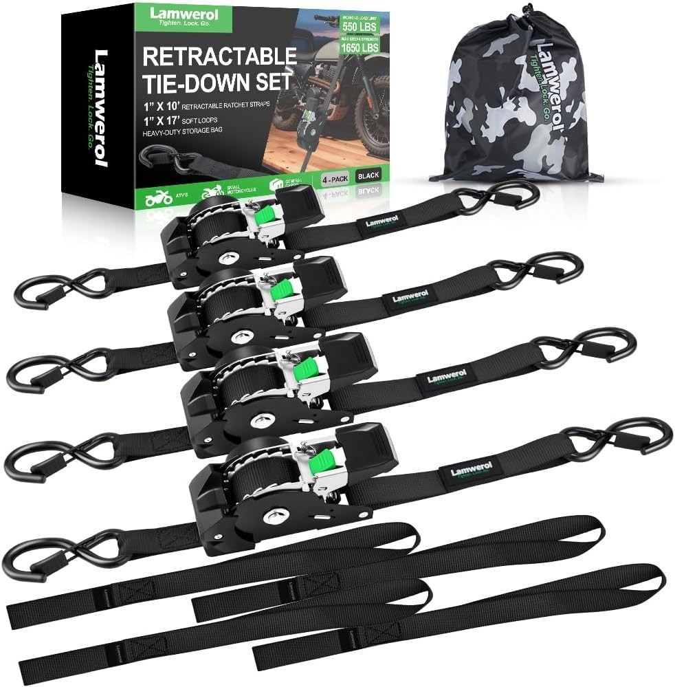 Retractable Ratchet Straps (4-Pack) - 1 Inch x 10 Feet (1,650lb Break