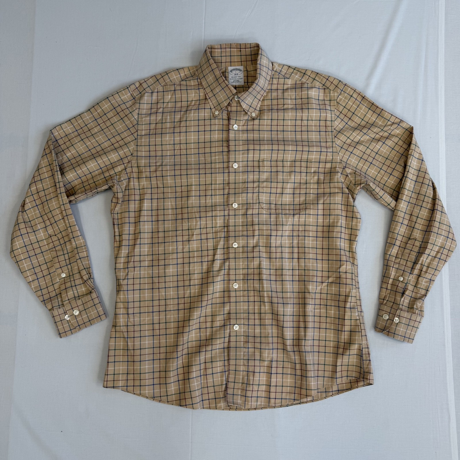 Brooks Brothers Regent Fit Shirt L Tan Windowpane Plaid Non-Iron