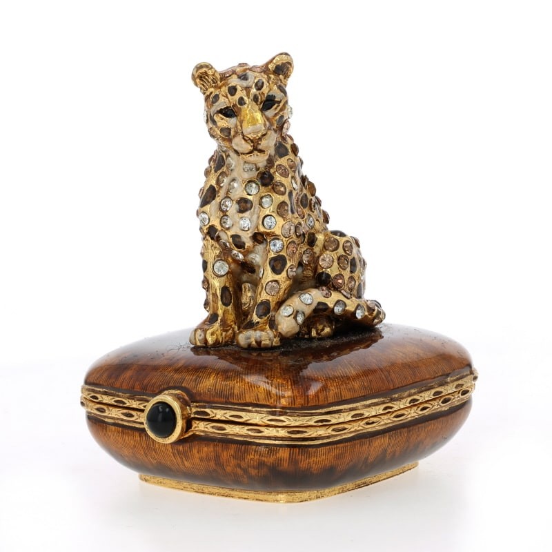 Jay Strongwater Sitting Leopard Trinket Box - Rhinestone Enamel Big Cat