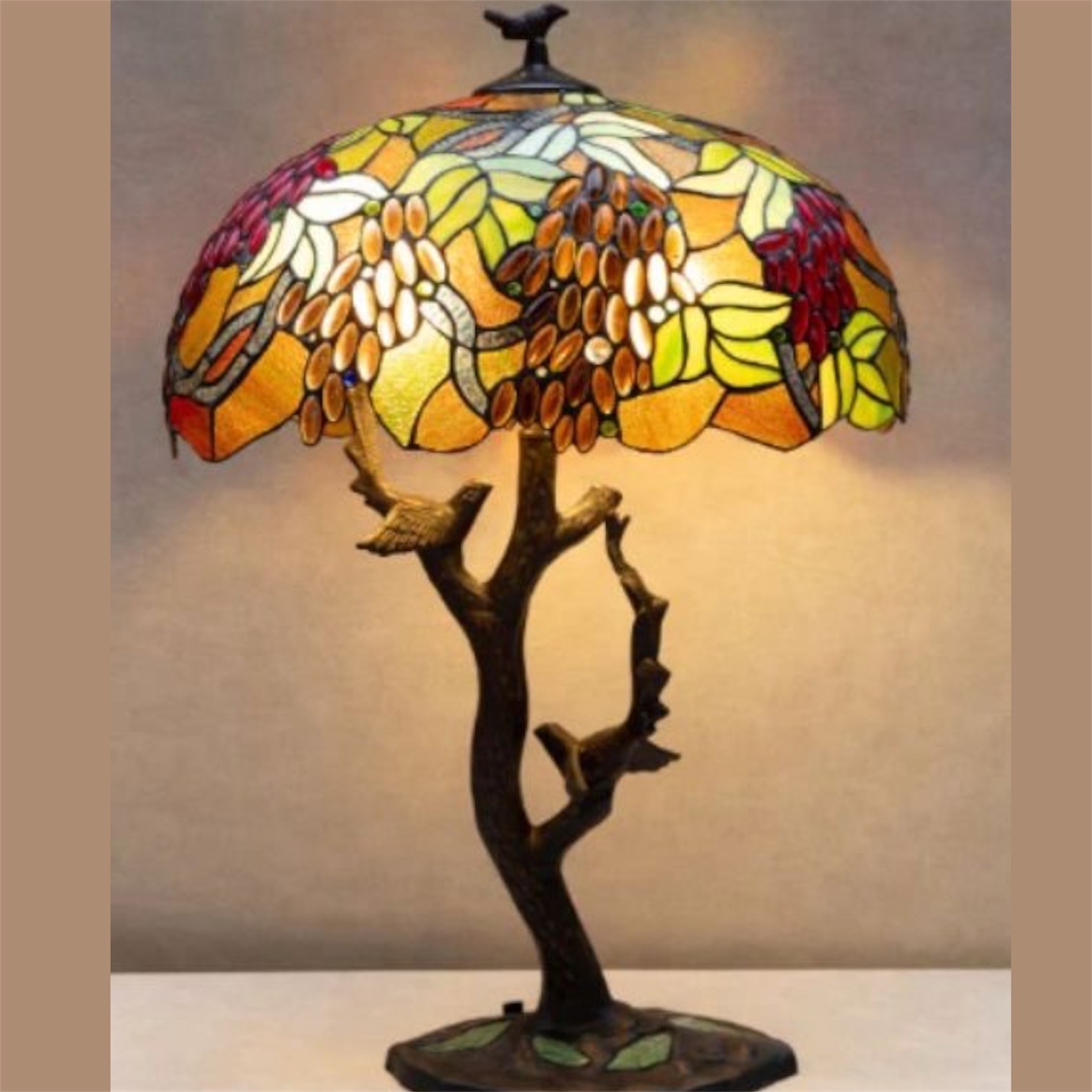 Tiffany Style Grape Tree Table Lamp Stained Glass Art ,Nouveau Light Birds Large