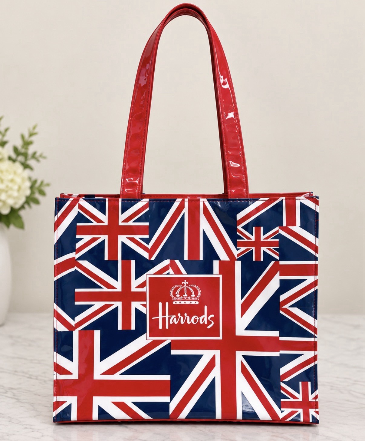 Harrods London Union Jack Glossy Tote Bag – Excellent Condition