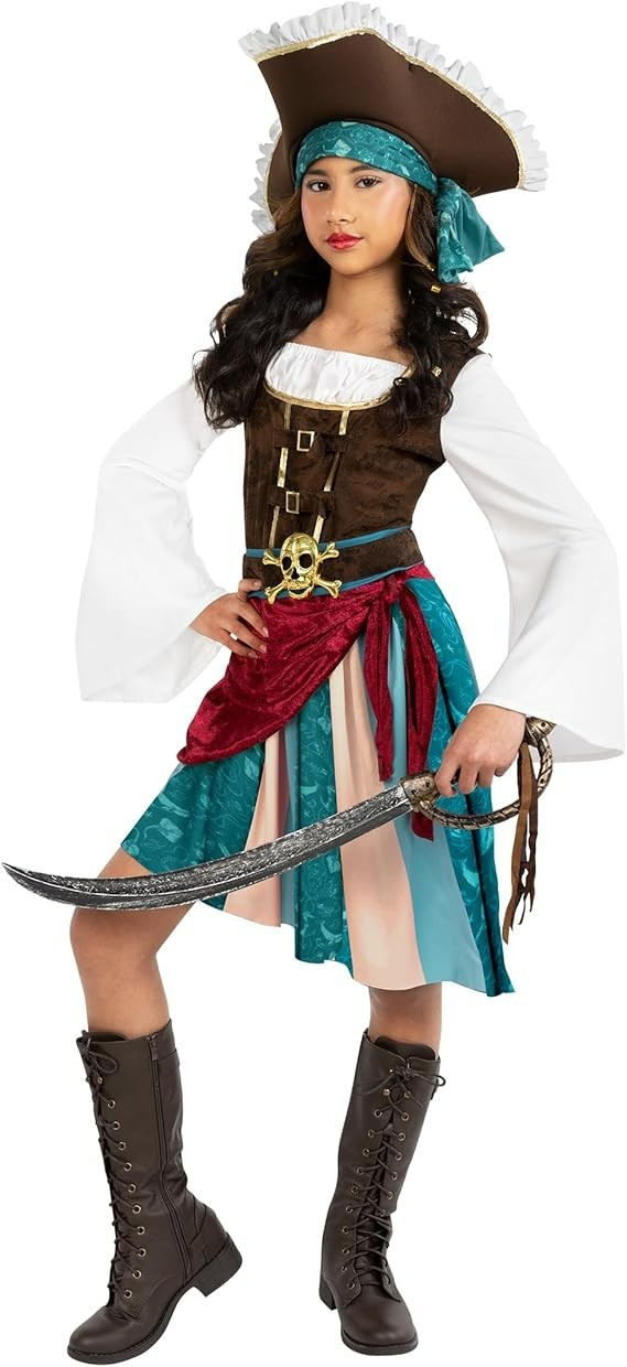 Girls Pirate Captain Costume Kids Caribbean Buccaneer Dress & Hat 4 - 14 Yrs