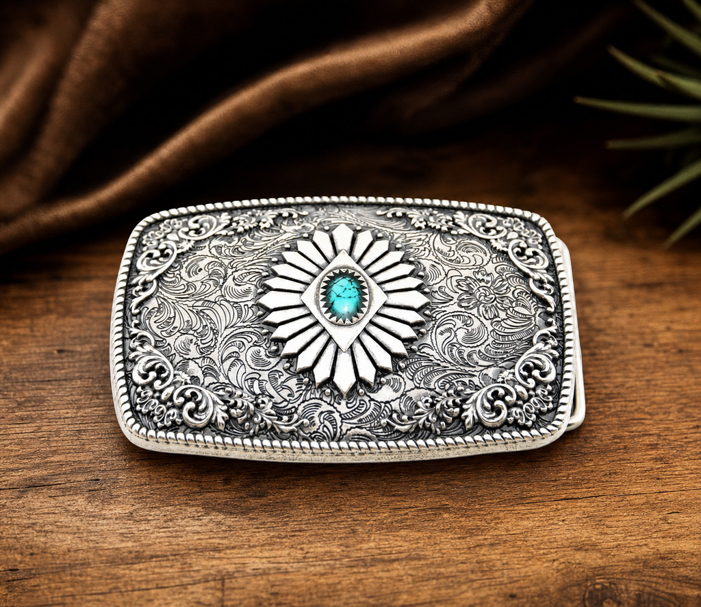 Southwest Belt Buckle Antique Silver Tone Turquoise Color Stone Floral Engraved