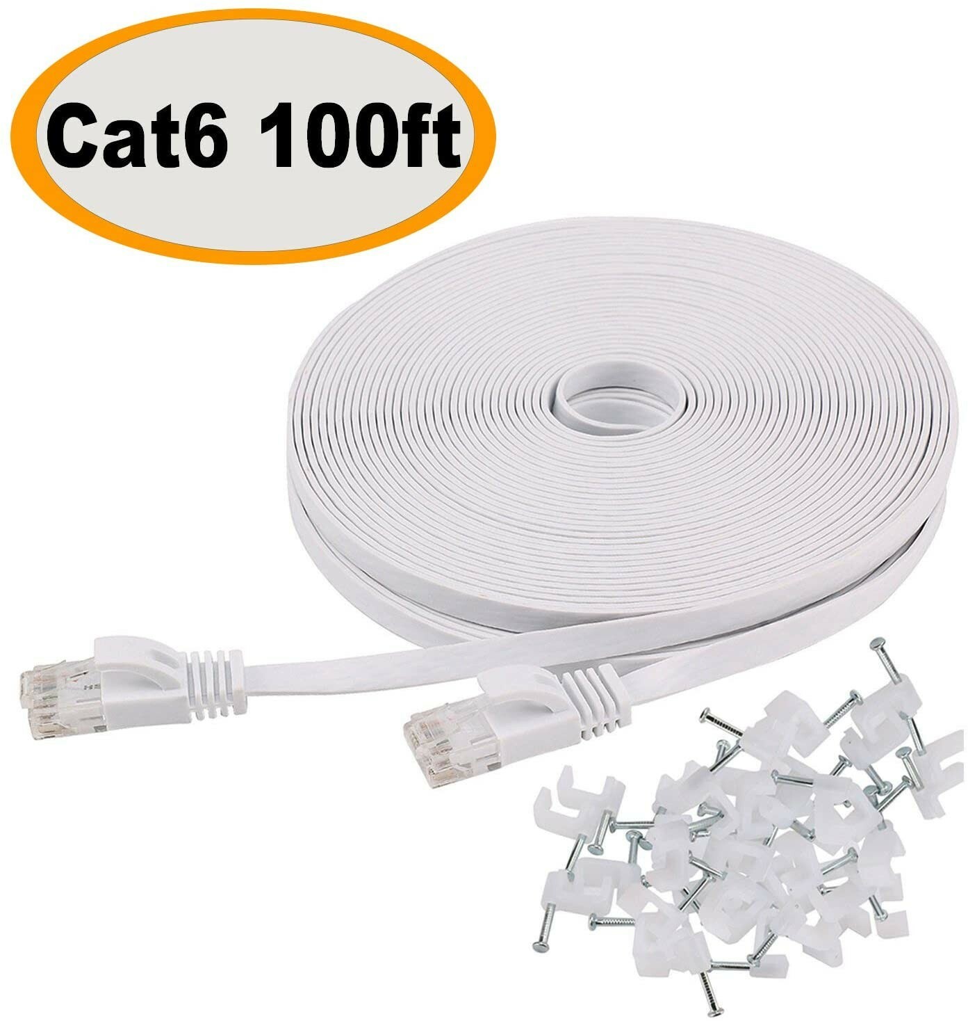 White 100 ft Flat Cat 6 Ethernet Cable  with clips & Rj45 Connectors