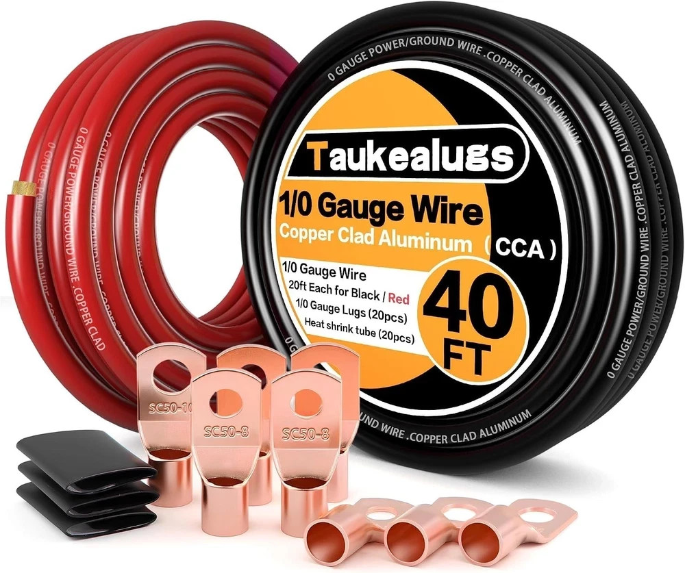 Complete 40FT 1/0 Battery Cable Set: Pure Copper Lugs & Flame-Resistant Jacket Complete 40FT 1/0 Battery Cable Set: Pure Copper Lugs & Flame-Resistant Jacket