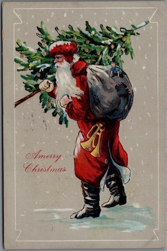 Santa Claus with Tree~Toy Sack ~Antique~ Embossed Christmas Postcard~German~s616