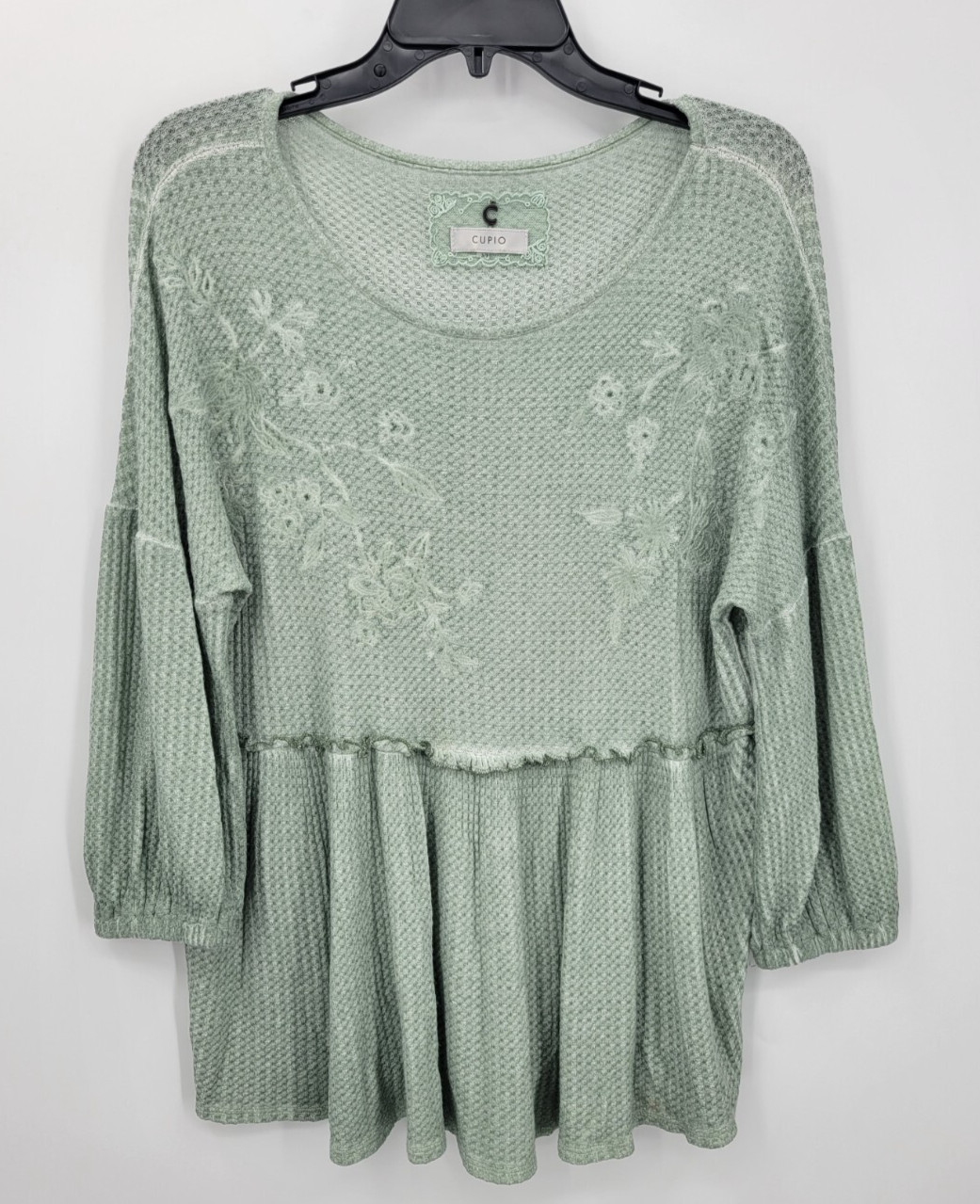 Cupio Top Womens Small Sage Green Embroidered Waffle Knit Peplum Boho Peasant
