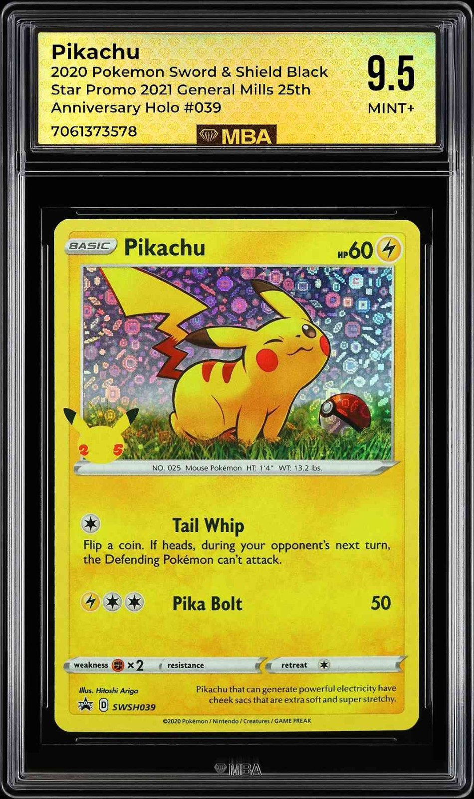 2020 Pokemon Pikachu General MIlls 25th Black Star Promo Holo SWSH039 MBA 9.5