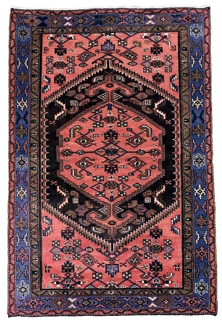 Vintage Zanjan 4x8 Tribal Geometric Hand Knotted Wool Area Rug Black Coral Boho