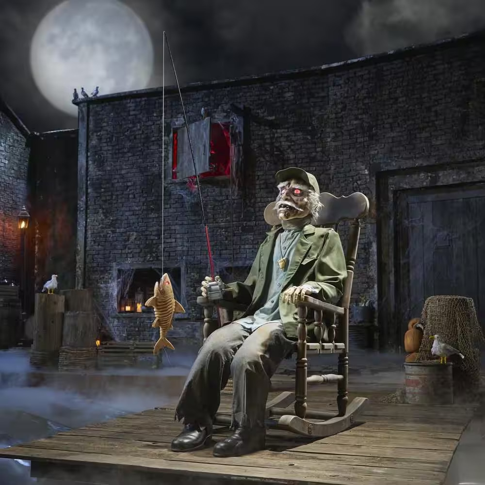 6.5 Ft Dead Water Animated LED Fisherman in Rocking Chair Halloween Animatronic 6.5 Ft Dead Water Animated LED Fisherman in Rocking Chair Halloween Animatronic