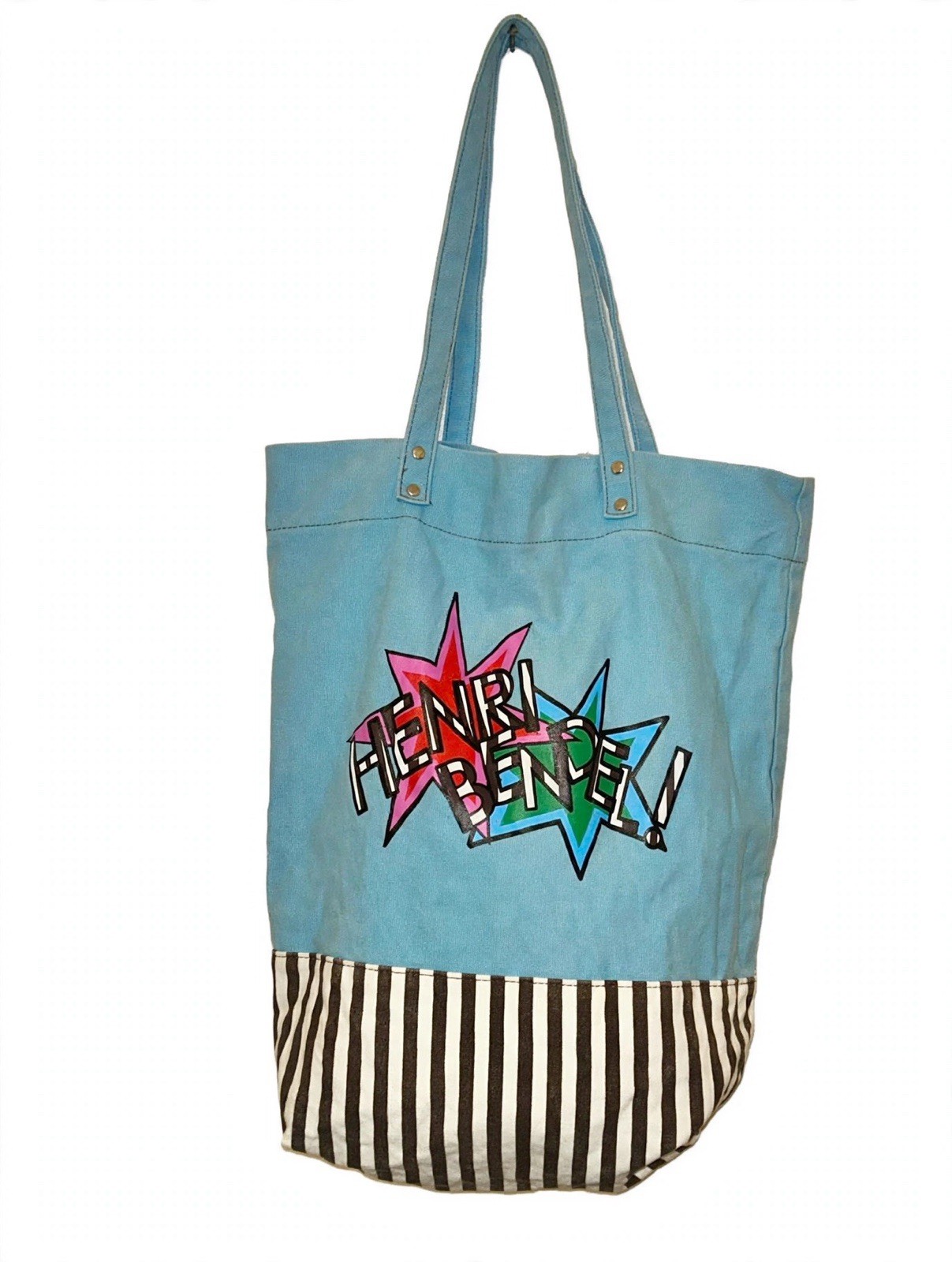 Henri Bendel Tote Bag Two Tone Blue Pop Art Star Graphic Stripe Canvas Shopper