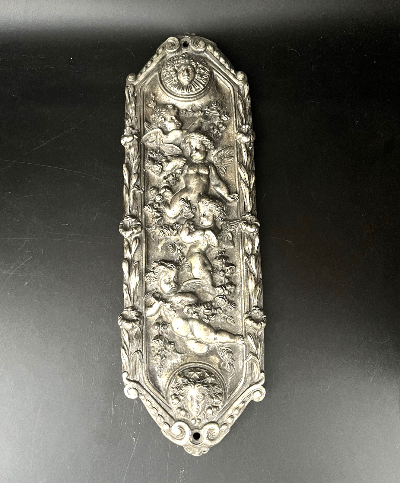 Antique Late Victorian 11.5” Door Push Plate Cast Nickel Silver Cherubs Heavy