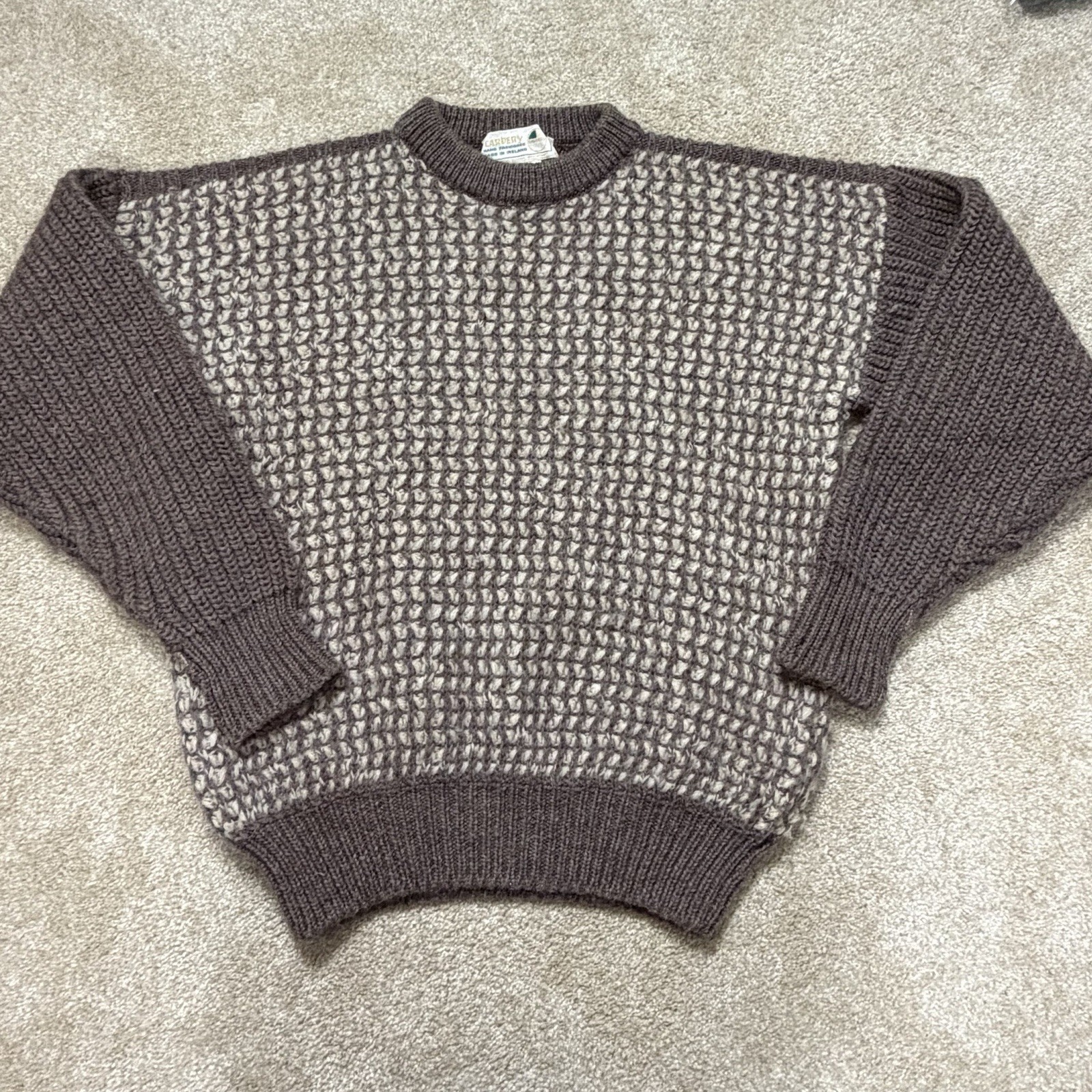 Vintage Carbery Hand Fashioned Ireland Wool Sweater Men’s L Brown Cream Chunky
