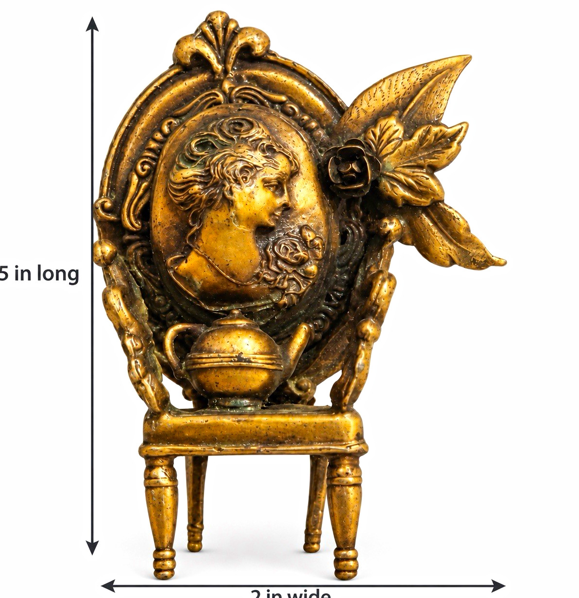 Victorian Style Gold Tone Metal Ornate Cameo Lady Portrait Chair Figurine Victorian Style Gold Tone Metal Ornate Cameo Lady Portrait Chair Figurine
