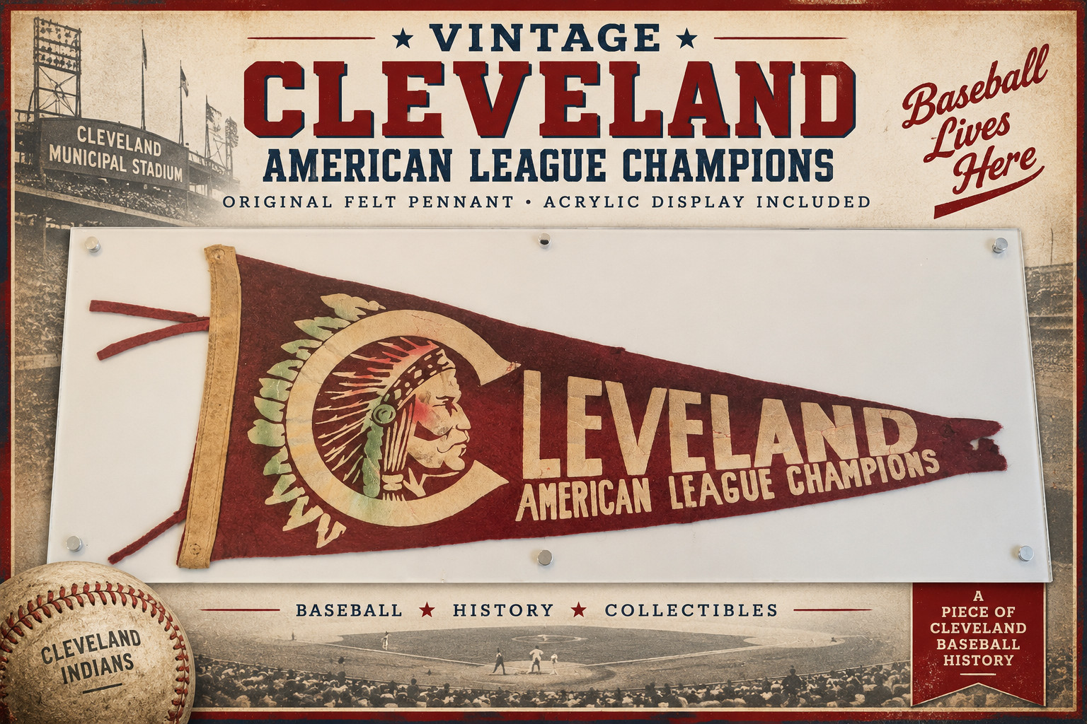 Vintage c1948 Cleveland Indians AL Champions Felt Pennant + Acrylic Display