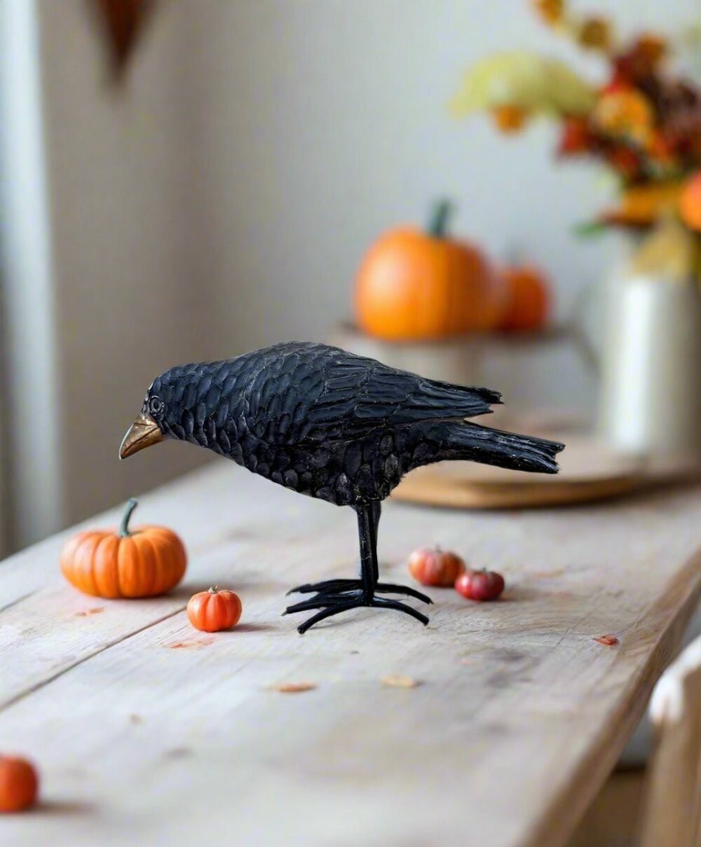 Primitive Halloween Fall Black Crow with Gold Beak and Metal Feet Figurine