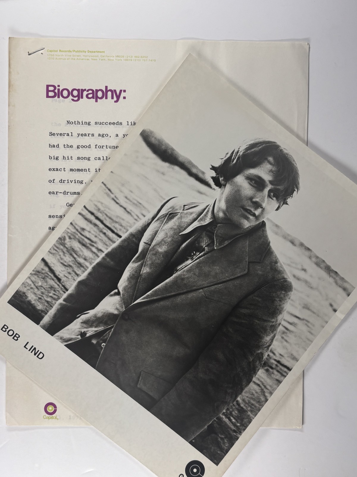Bob Lind Press Kit Original Capitol Records Promo Biography April 1971