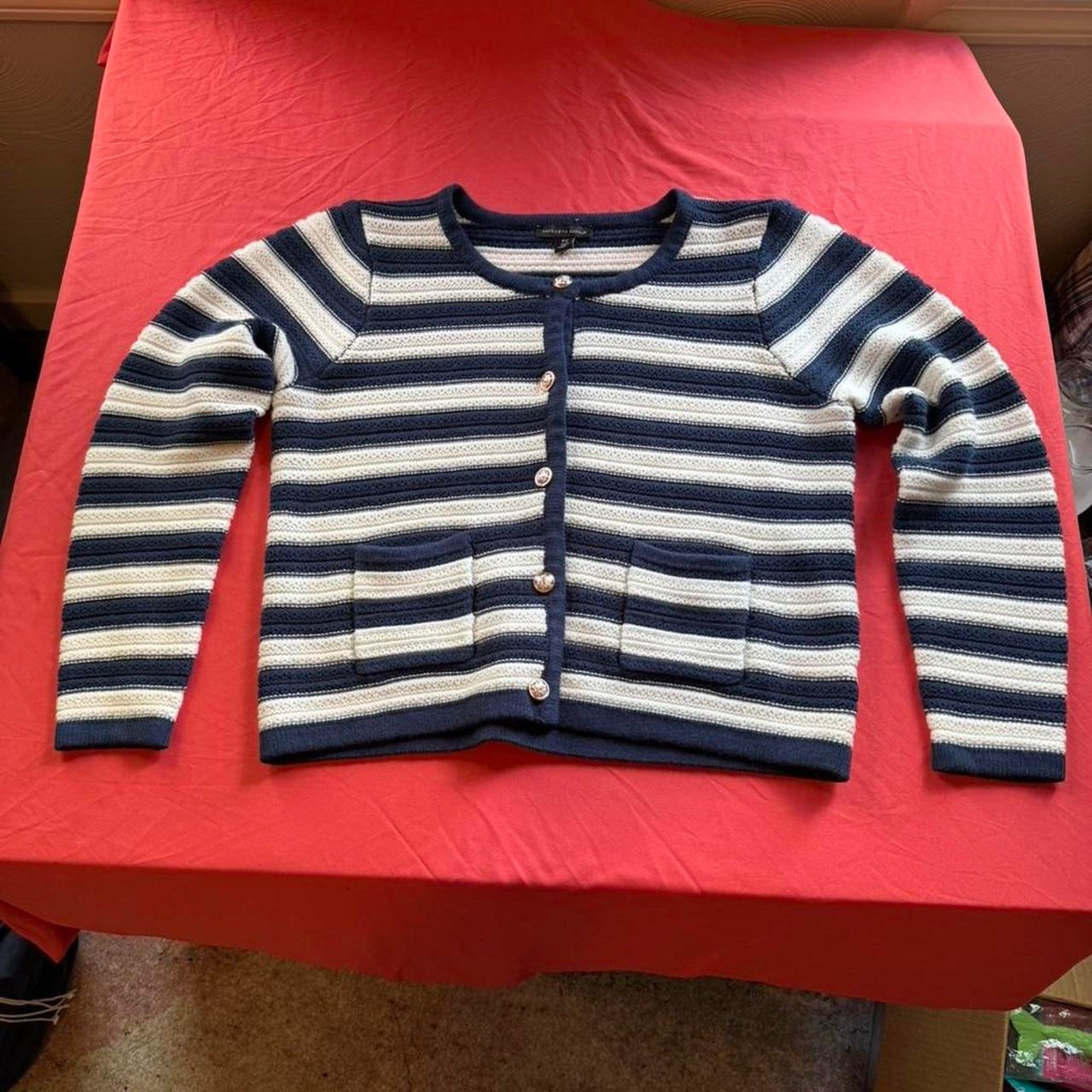 Saks Fifth Avenue Navy and white striped cardigan with pockets- Size Large Saks Fifth Avenue Navy and white striped cardigan with pockets- Size Large