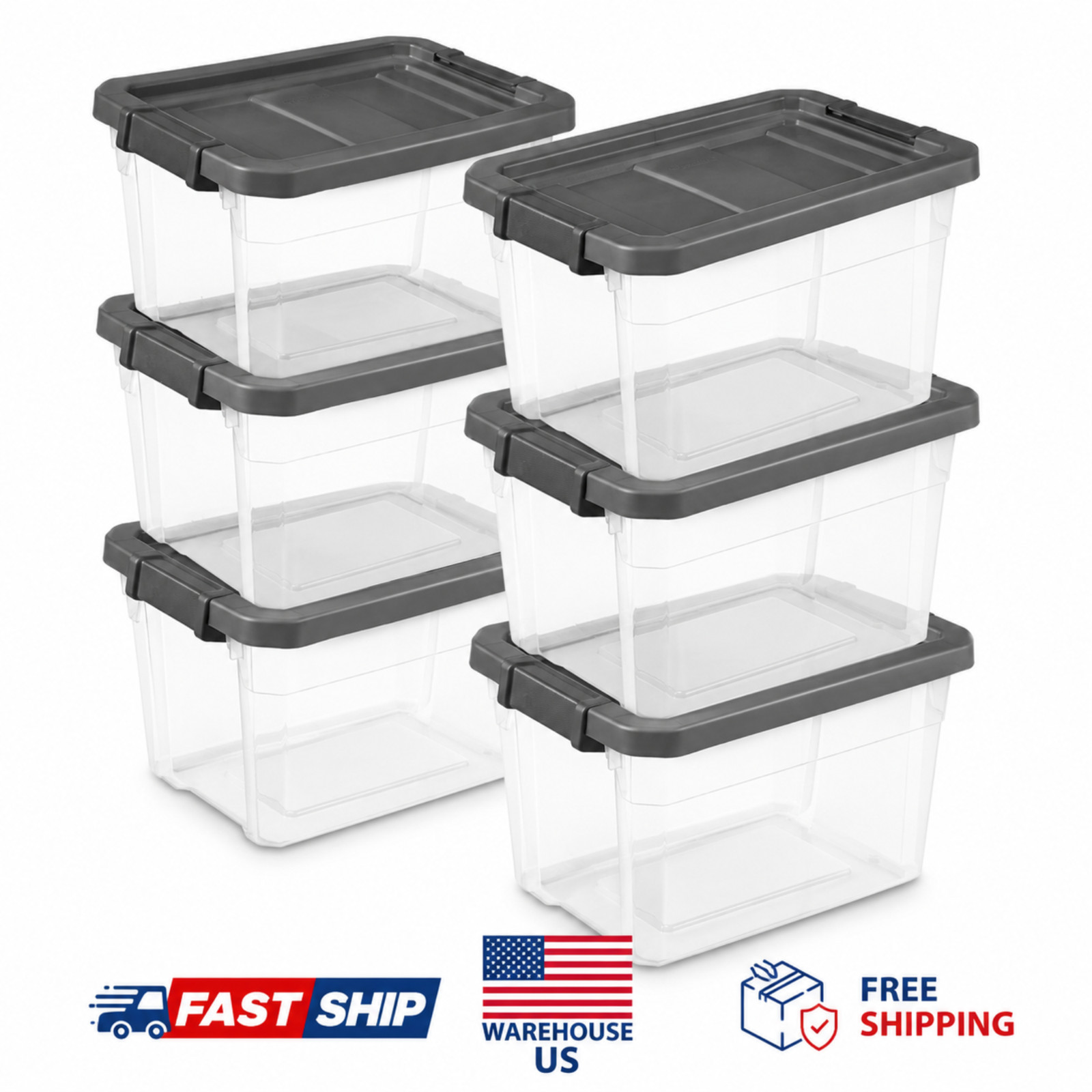 Sterilite 30 Qt Clear Storage Bin w/ Gray Latch Lid Stackable Tote 6-Pack