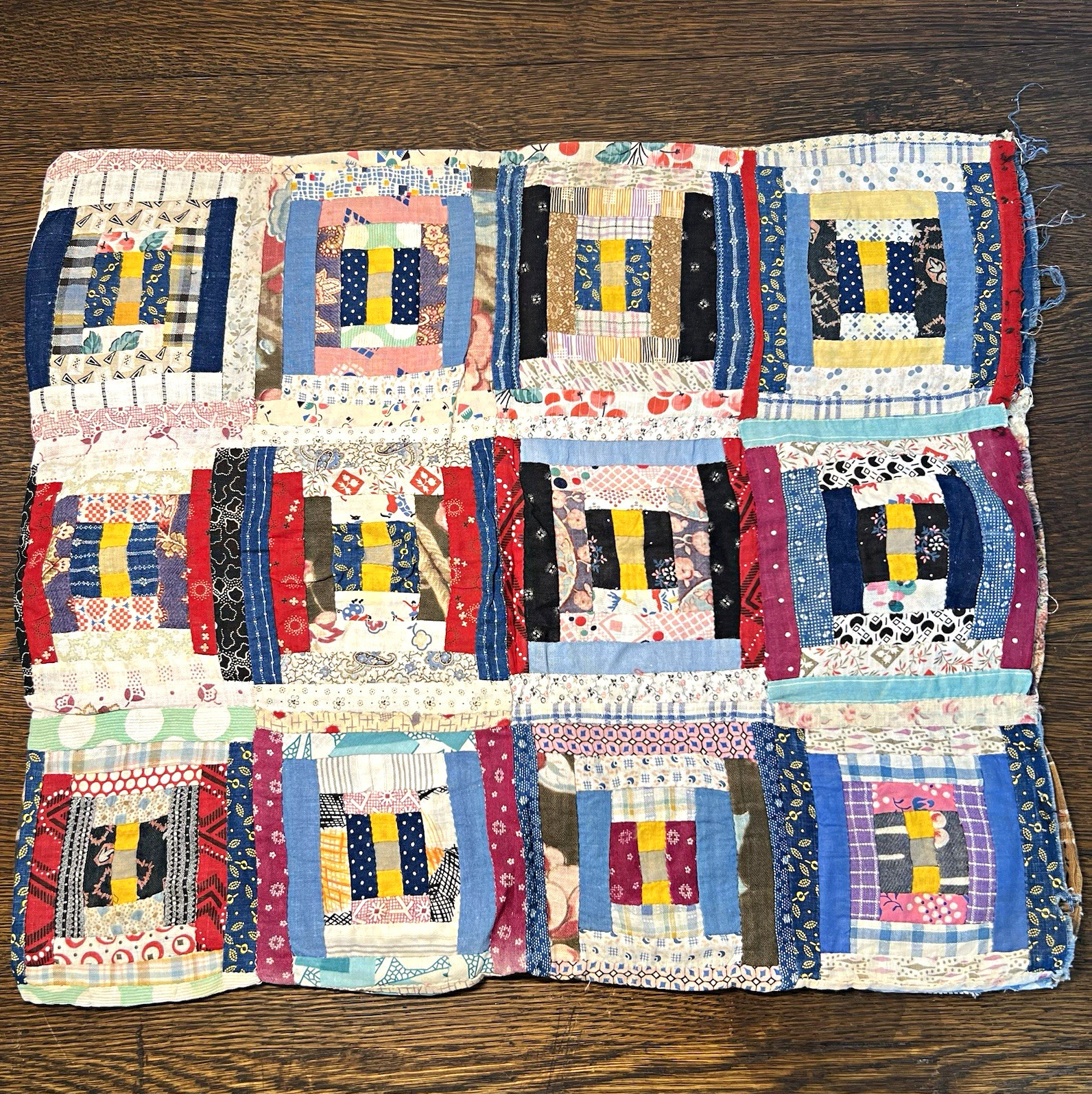 Antique 1930s Flour Sack Log Cabin Patchwork Quilt Pillowcase Entirely Handsewn Antique 1930s Flour Sack Log Cabin Patchwork Quilt Pillowcase Entirely Handsewn