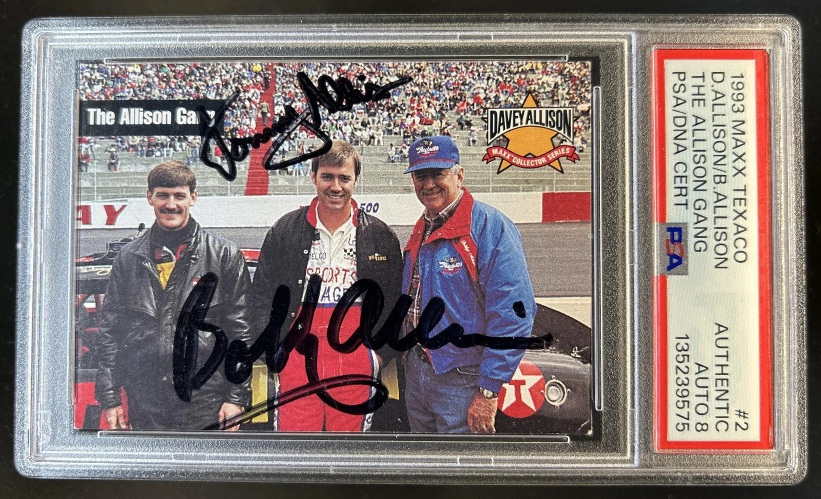 Davey & Bobby Allison 1993 Maxx Texaco Gang Autograph PSA Auto 8 Davey & Bobby Allison 1993 Maxx Texaco Gang Autograph PSA Auto 8