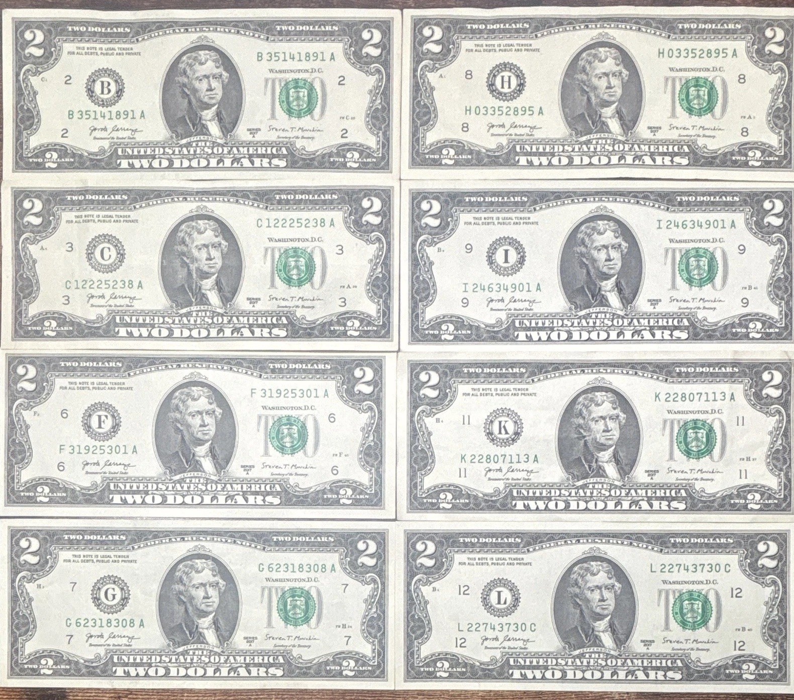2017A $2 Notes Lot (8). All different districts. See description.
