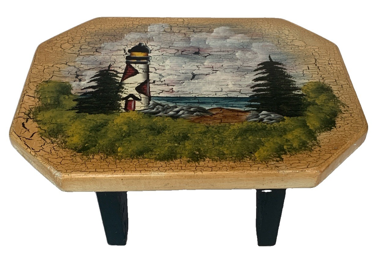 VTG Hand Painted Folk Art Wooden Foot Stool Nautical Lighthouse Coastal Cottage