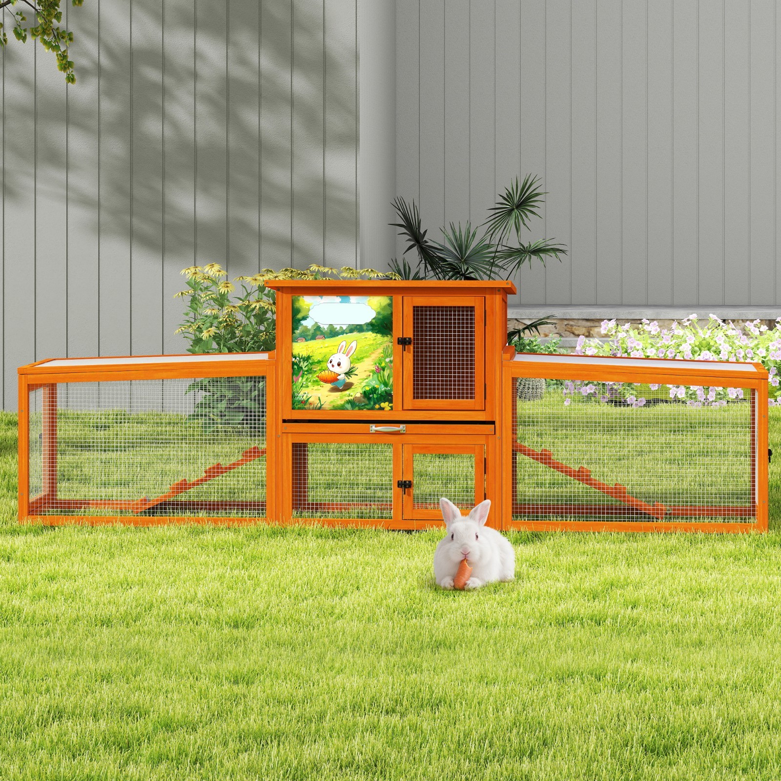 COZIWOW 94\'\' Wooden Rabbit Hutch Guinea Pig House 2-tier Chicken Coop Ramps New