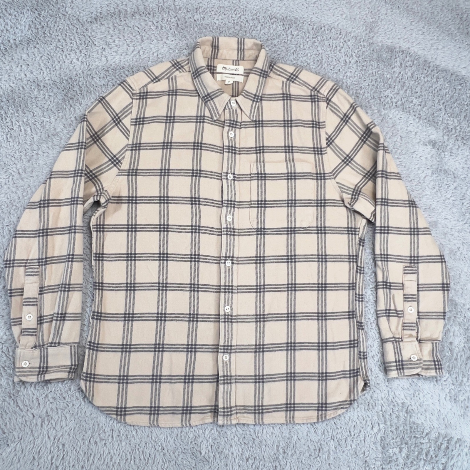 Madewell Perfect Fit Flannel Shirt Mens Medium Tan Navy Plaid Cotton Button Down