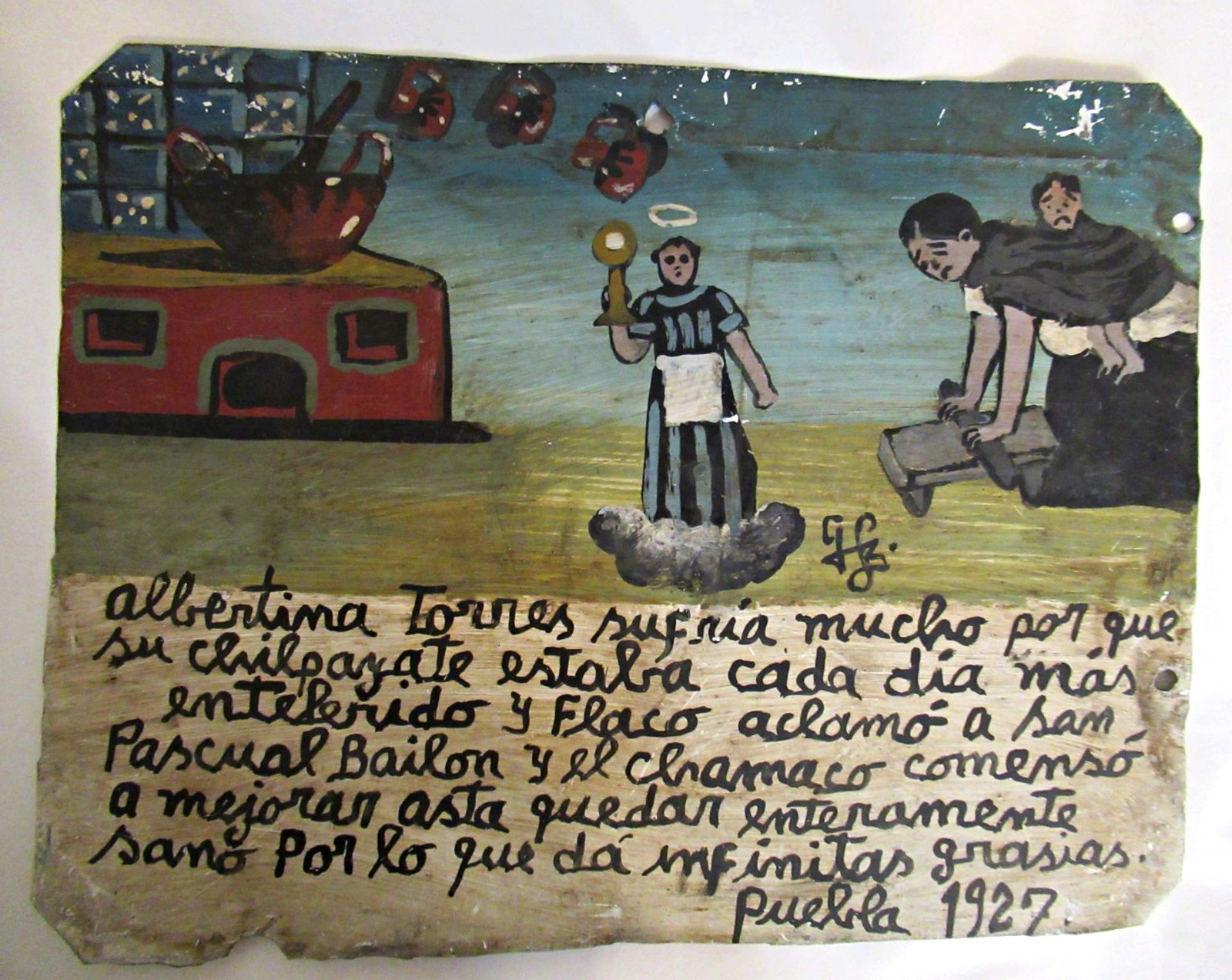 VTG HP MEXICAN TIN RETABLO SAN PASCUAL BAILON CURES WOMAN's CHILD in 1927