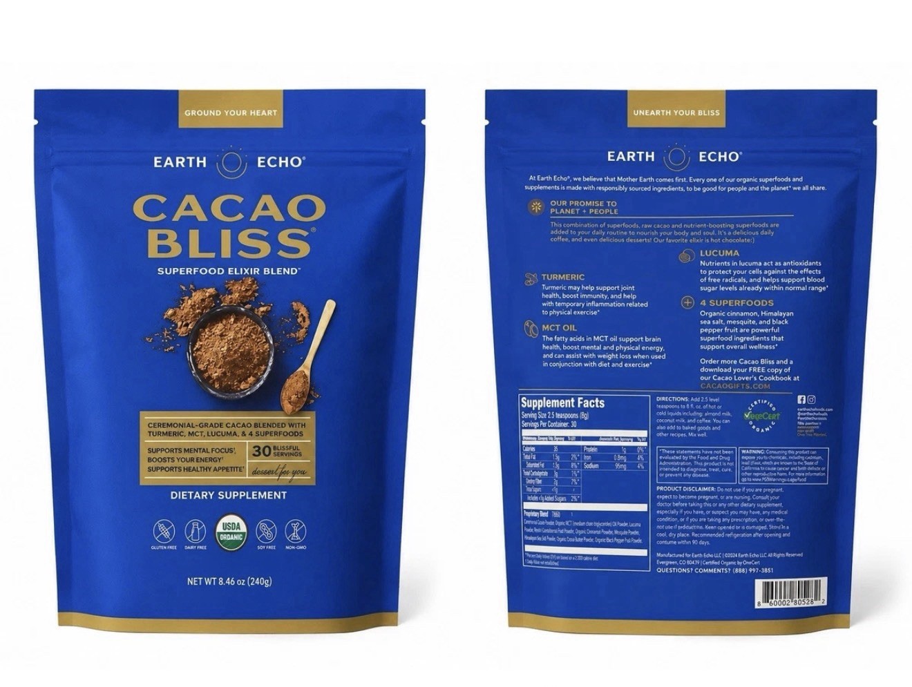 Earth Echo Raw Cacao Bliss Superfood Powder Organic Non GMO Health 30 Serving