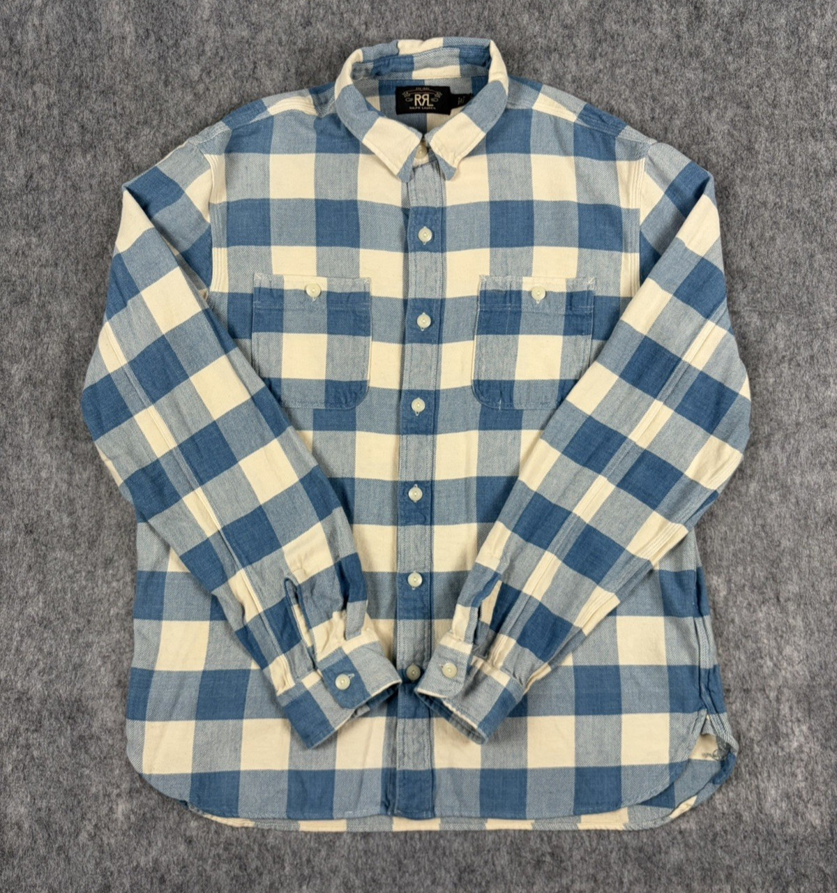 RRL Double RL Shirt Mens L Blue Flannel Buffalo Plaid Check Workshirt