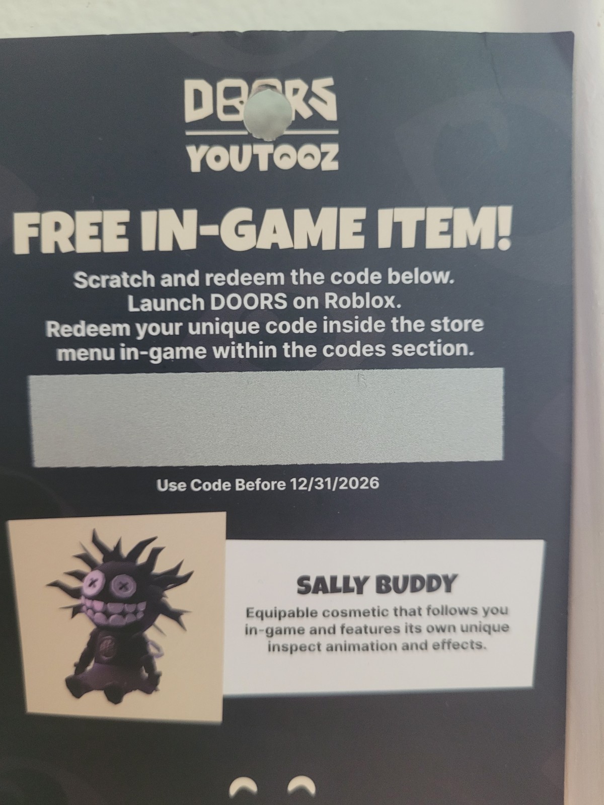 Youtooz DOORS Roblox Sally Buddy Free In-Game Item Redeem Code Card Youtooz DOORS Roblox Sally Buddy Free In-Game Item Redeem Code Card