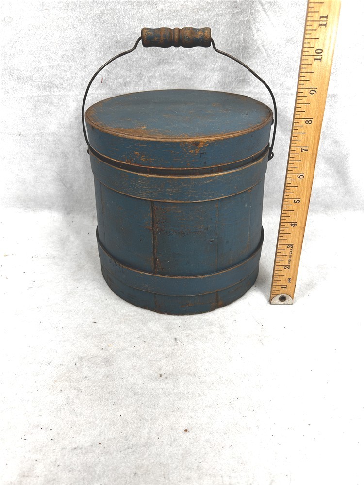 antique firkin wooden bucket w/handle small 8 tall old blue paint original 1850s