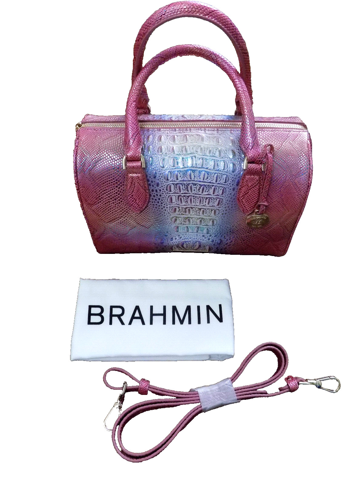 NWT BRAHMIN Stacy Rainbow Fish Melbourne Barrel Satchel Bag pink blue Gold FAB