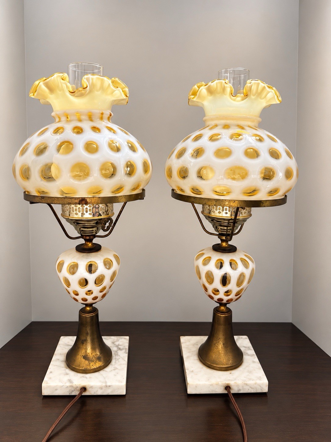 Pair Fenton Honeysuckle Opalescent Coin Dot 19.5