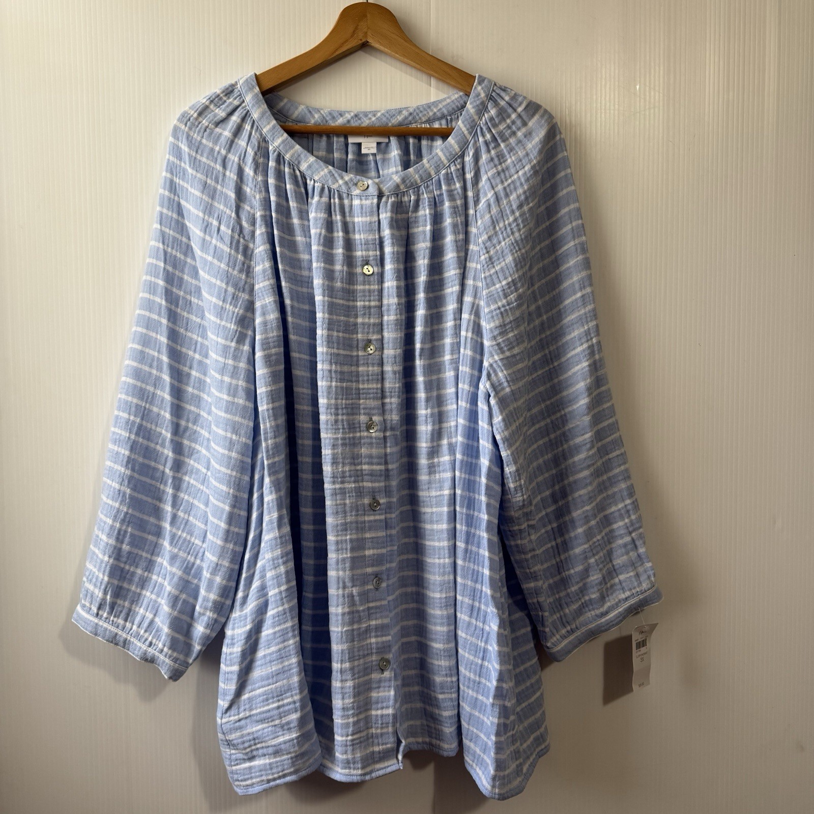New J Jill 3X Blue/White Striped Gauze Blouse Relaxed Peasant Top Women’s