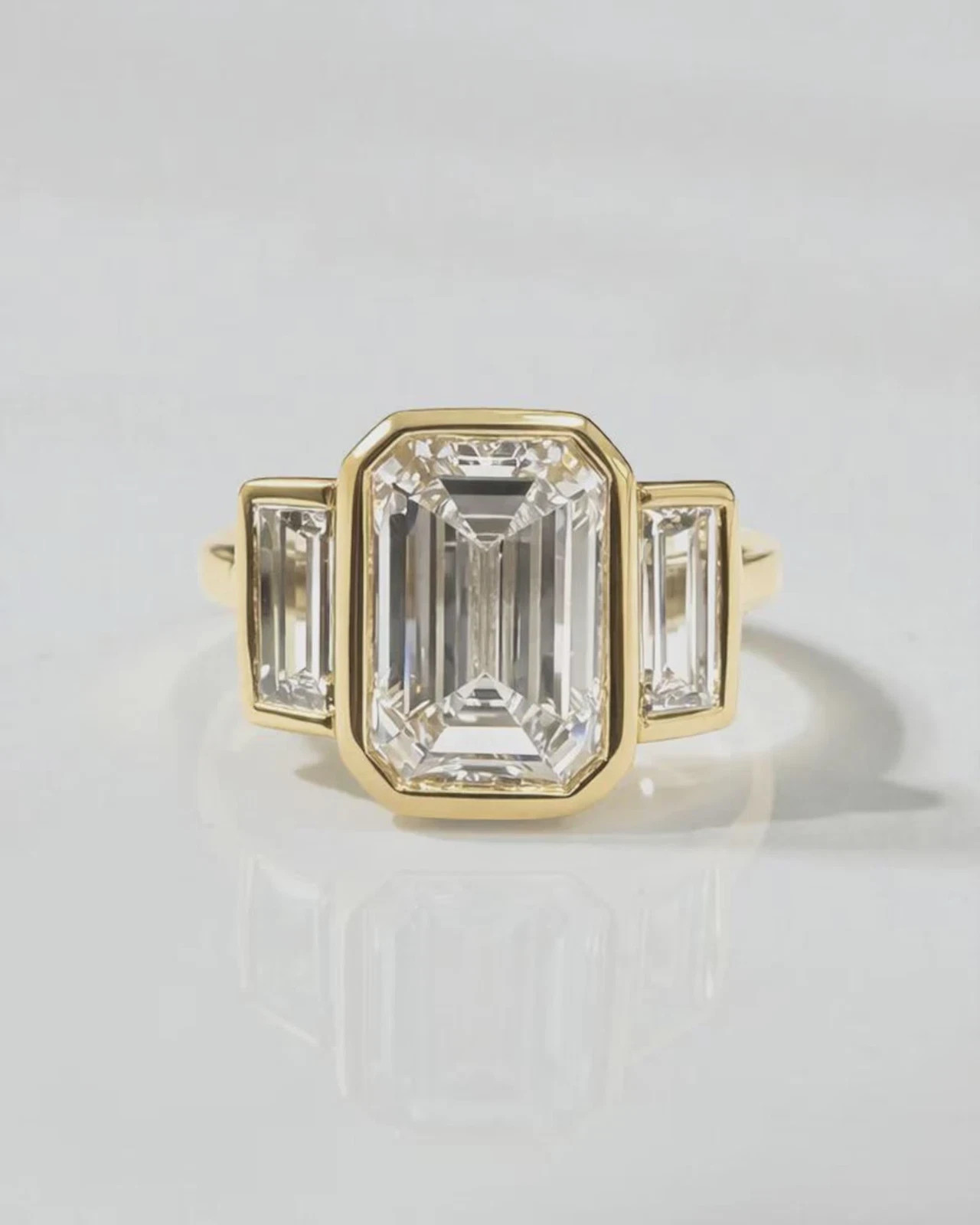 Certified 4.60 Ct Emerald VS1 Lab Grown Diamond Three Stone Ring 14K Yellow Gold